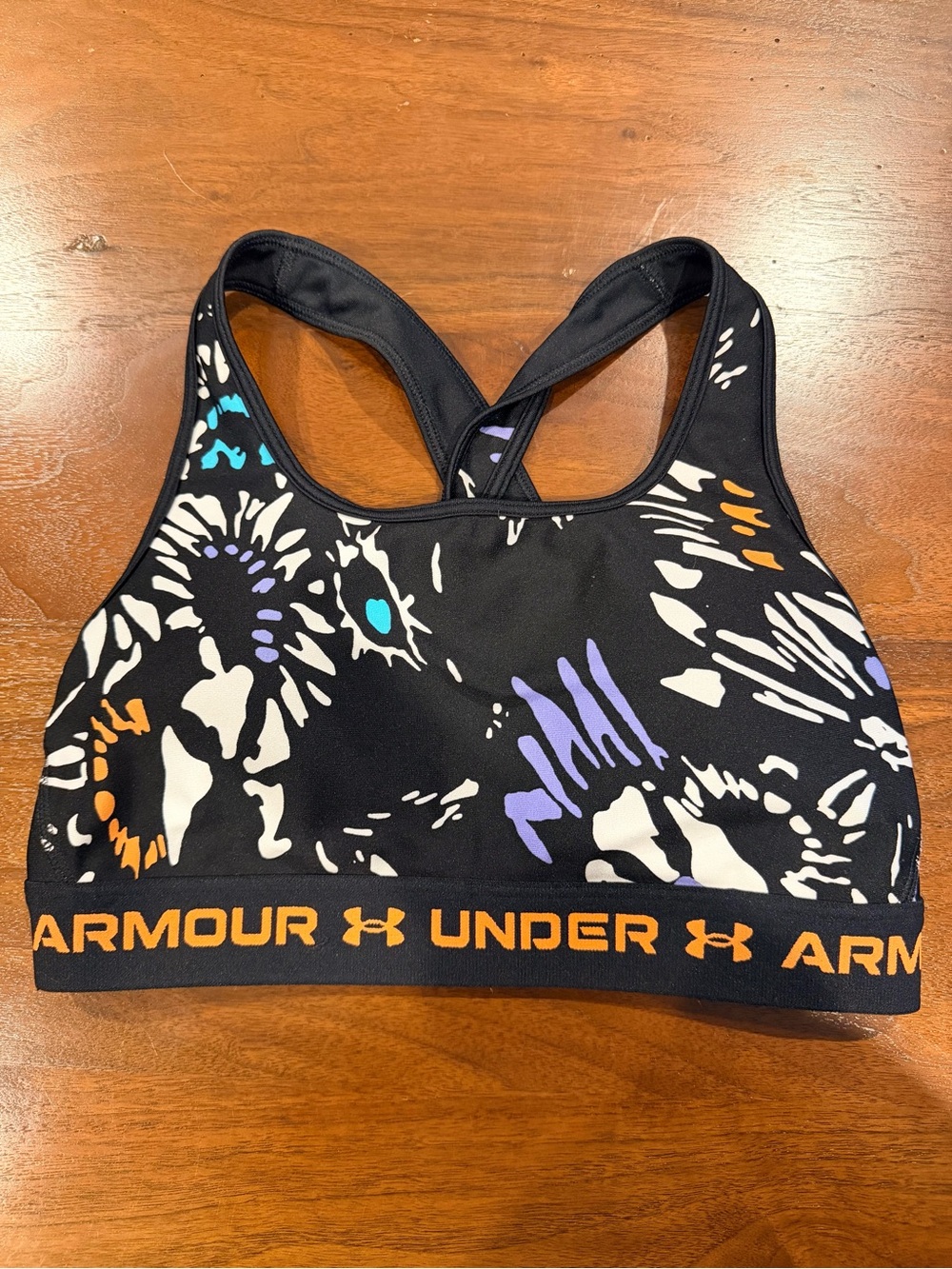 Under Armour Black Floral-Print Sports Bra with Orange Logo Band